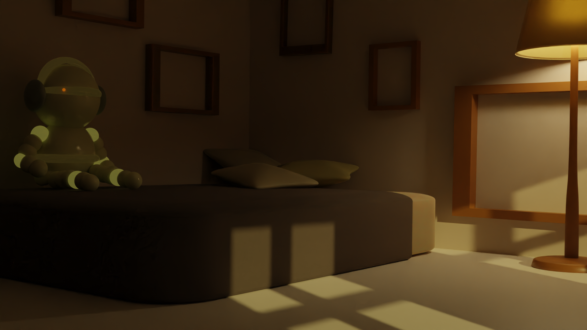 a 3d render of a robot sitting on a bed